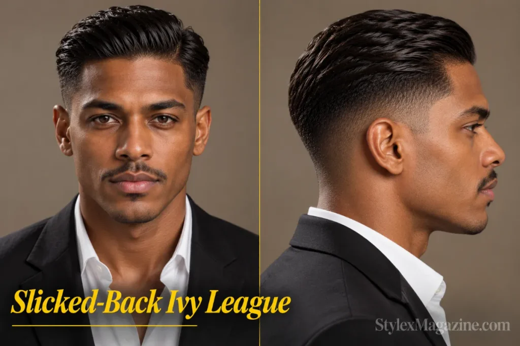  Slicked-back ivy league haircut on a dark-skinned man, front view and right side profile showing hair brushed back with pomade and tapered sides 