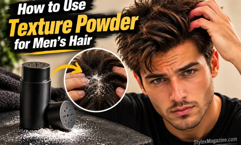 How to Use Texture Powder for Men’s Hair featured image showing a man applying texture powder to his roots, a texture powder shaker, and a close-up demonstration of powder application for added hair volume and texture.