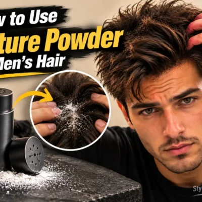 How to Use Texture Powder for Men’s Hair featured image showing a man applying texture powder to his roots, a texture powder shaker, and a close-up demonstration of powder application for added hair volume and texture.
