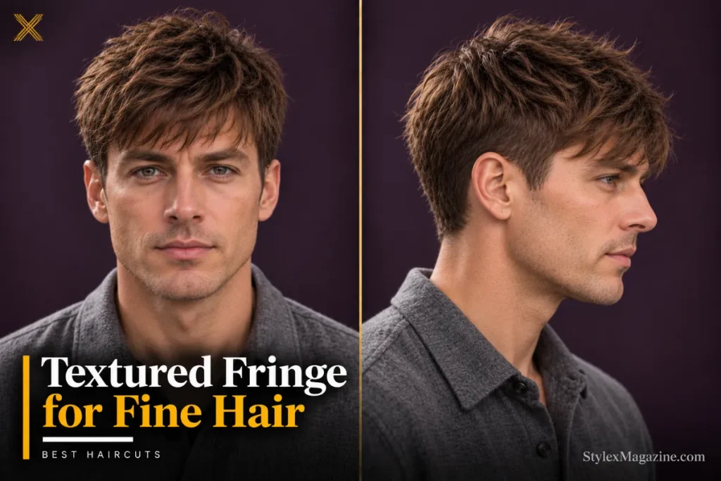 Textured fringe on fine hair with a solid outline