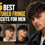 25 Best Textured Fringe Haircuts for Men featured image showing a male model with a tousled textured fringe and faded sides, alongside three additional fringe haircut variations, bold yellow and white typography, and a StylexMagazine.com watermark in the bottom-right corner.