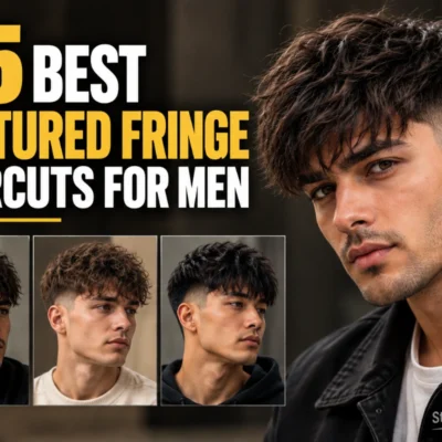 25 Best Textured Fringe Haircuts for Men featured image showing a male model with a tousled textured fringe and faded sides, alongside three additional fringe haircut variations, bold yellow and white typography, and a StylexMagazine.com watermark in the bottom-right corner.