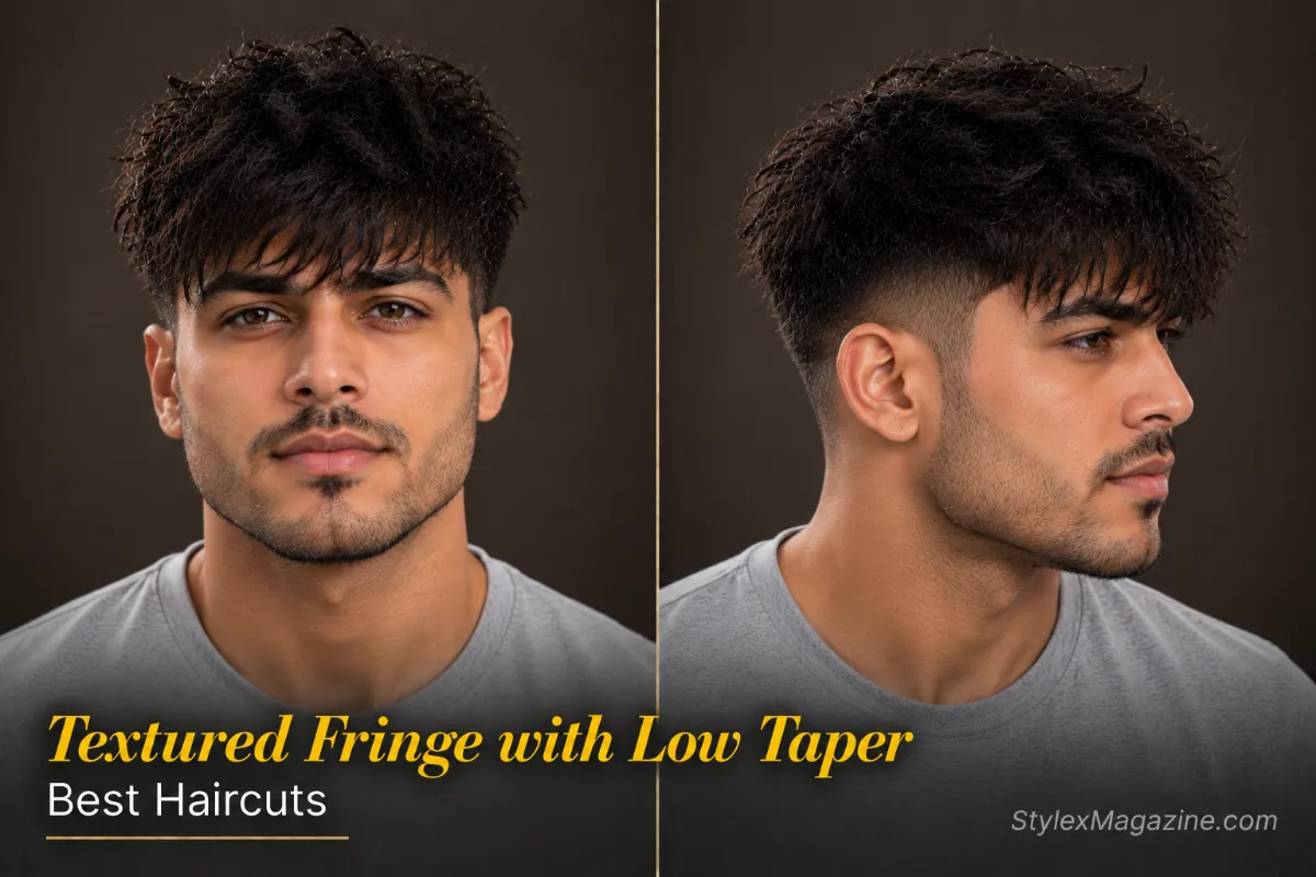 Textured fringe haircut with a low taper on dark straight hair