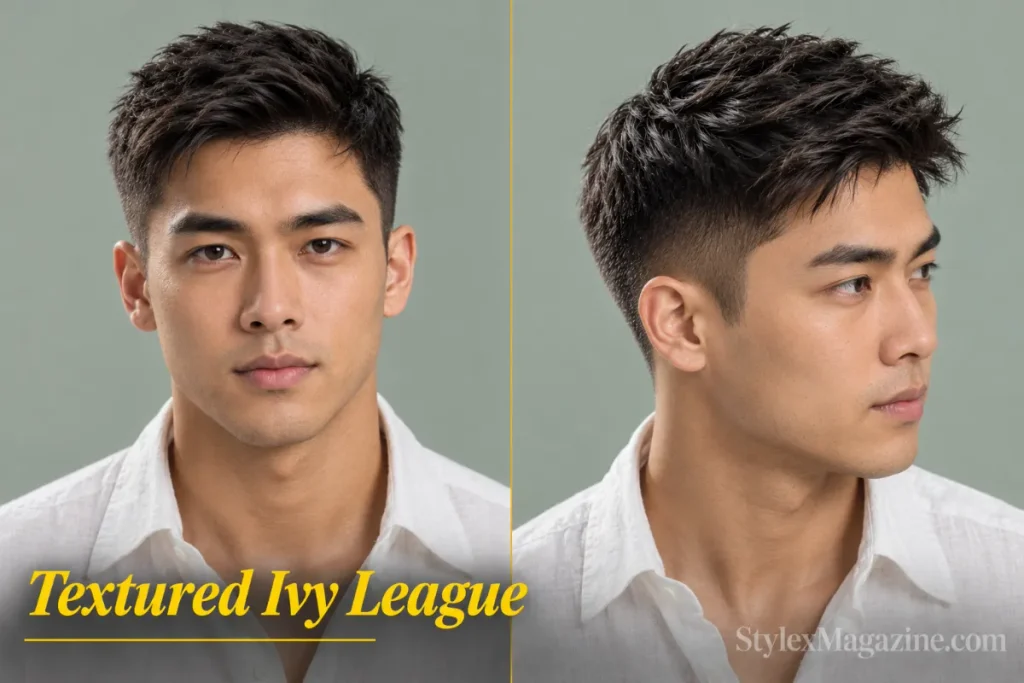 Textured ivy league haircut on an East Asian man, front view and right three-quarter angle showing point-cut layered movement on top