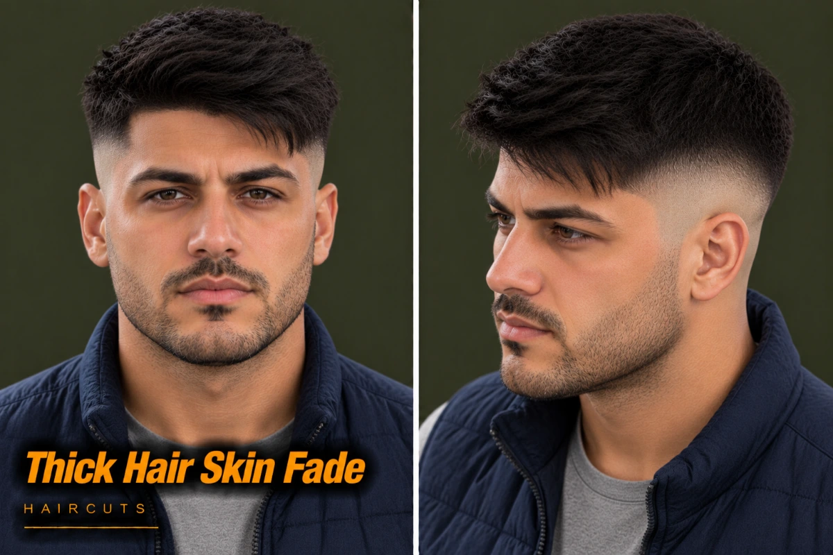 Thick straight hair with a skin fade