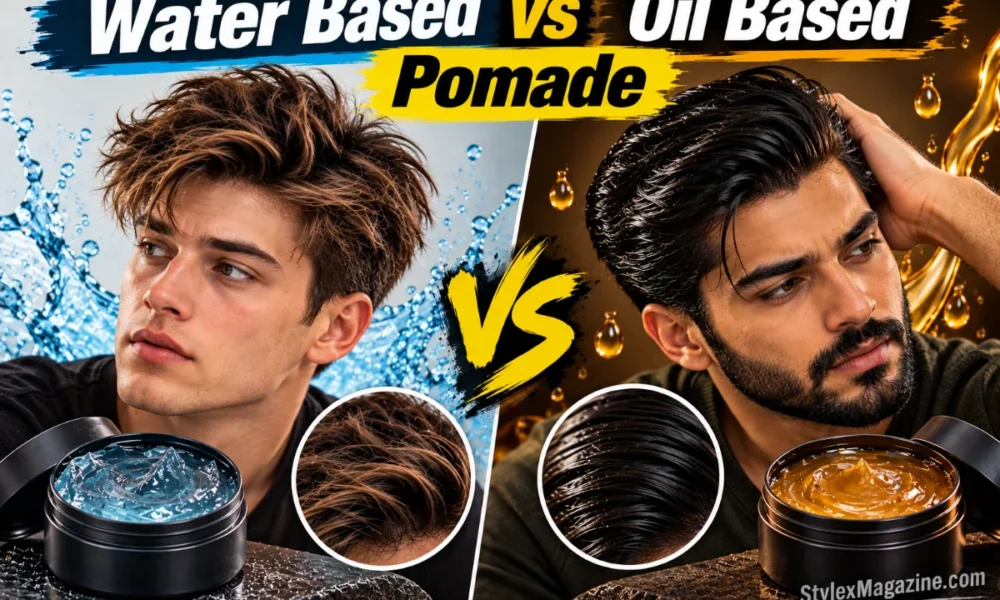 Water Based vs Oil Based Pomade featured image comparing two men’s hairstyles, with a textured matte look on the water-based side and a slick, glossy finish on the oil-based side, featuring pomade jars and a StylexMagazine.com watermark.