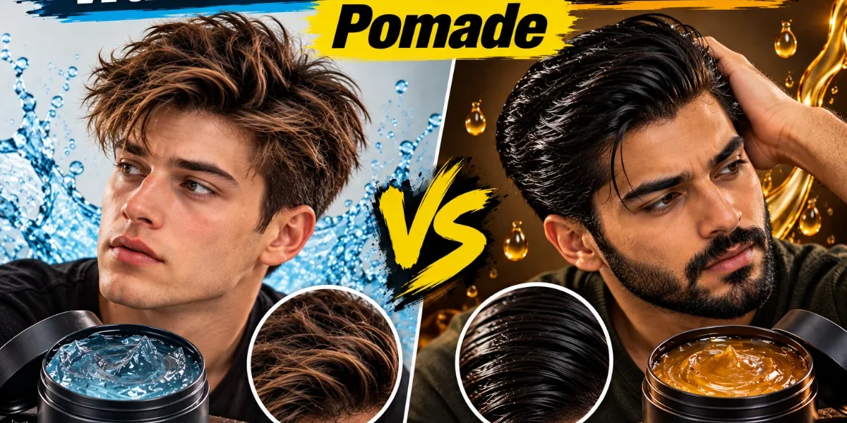 Water Based vs Oil Based Pomade: Which One Should You Use? Water Based vs Oil Based Pomade featured image comparing two men’s hairstyles, with a textured matte look on the water-based side and a slick, glossy finish on the oil-based side, featuring pomade jars and a StylexMagazine.com watermark.