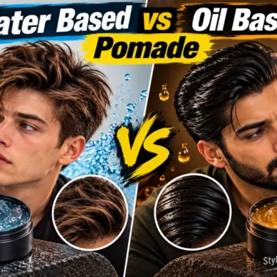 Water Based vs Oil Based Pomade featured image comparing two men’s hairstyles, with a textured matte look on the water-based side and a slick, glossy finish on the oil-based side, featuring pomade jars and a StylexMagazine.com watermark.