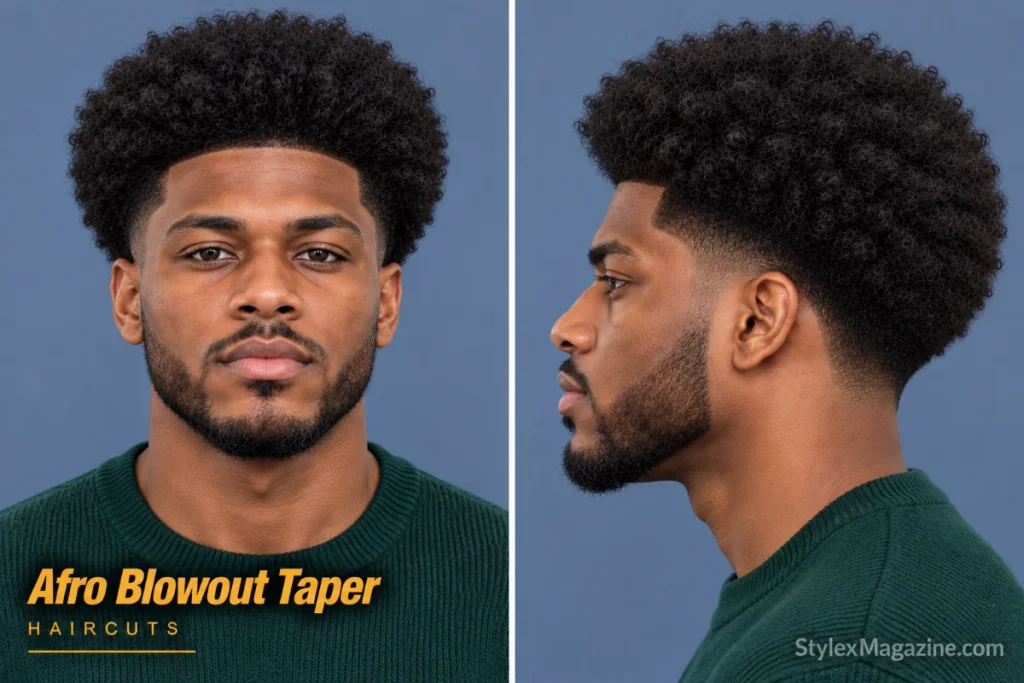 Afro blowout taper worn as a full rounded dome with tapered sideburns