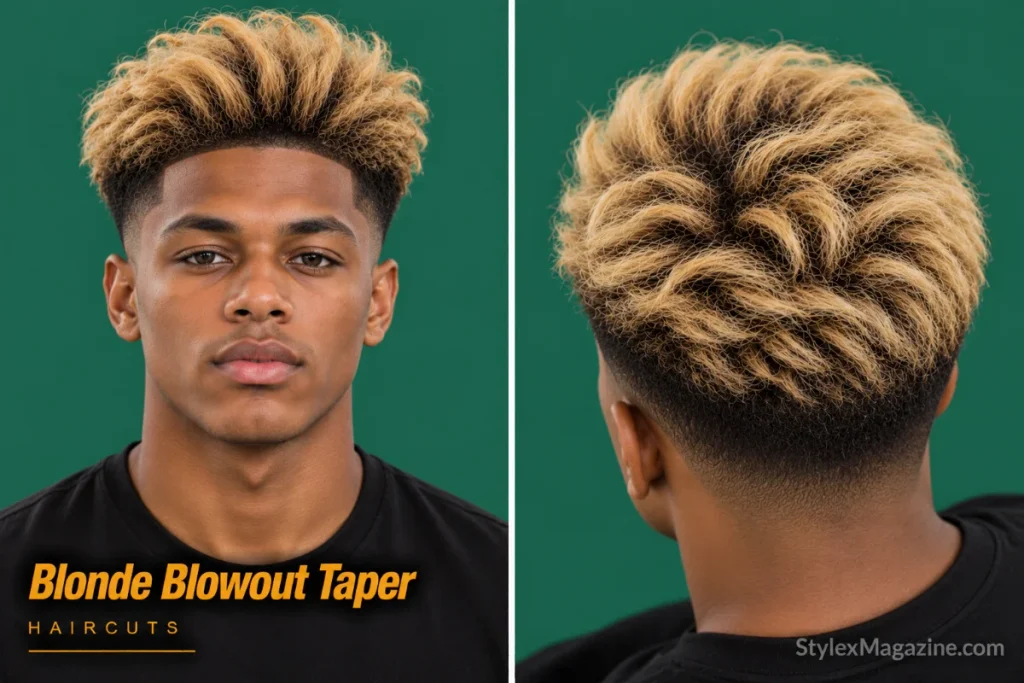  Blonde blowout taper with a lightened top over natural dark tapered sides