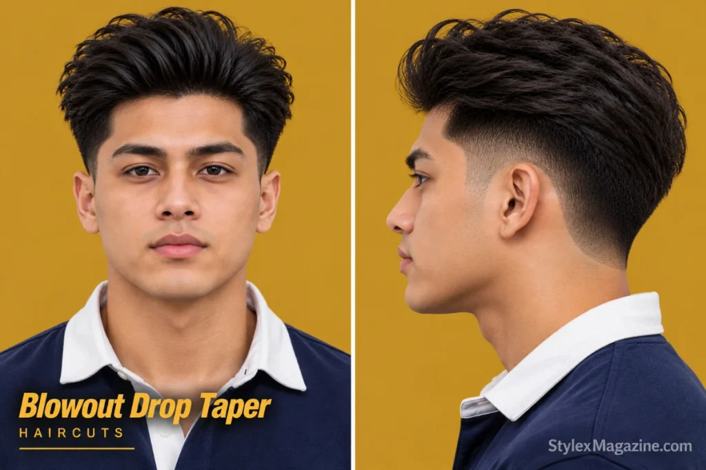  Blowout drop taper with the taper line curving down behind the ear, front and side view
