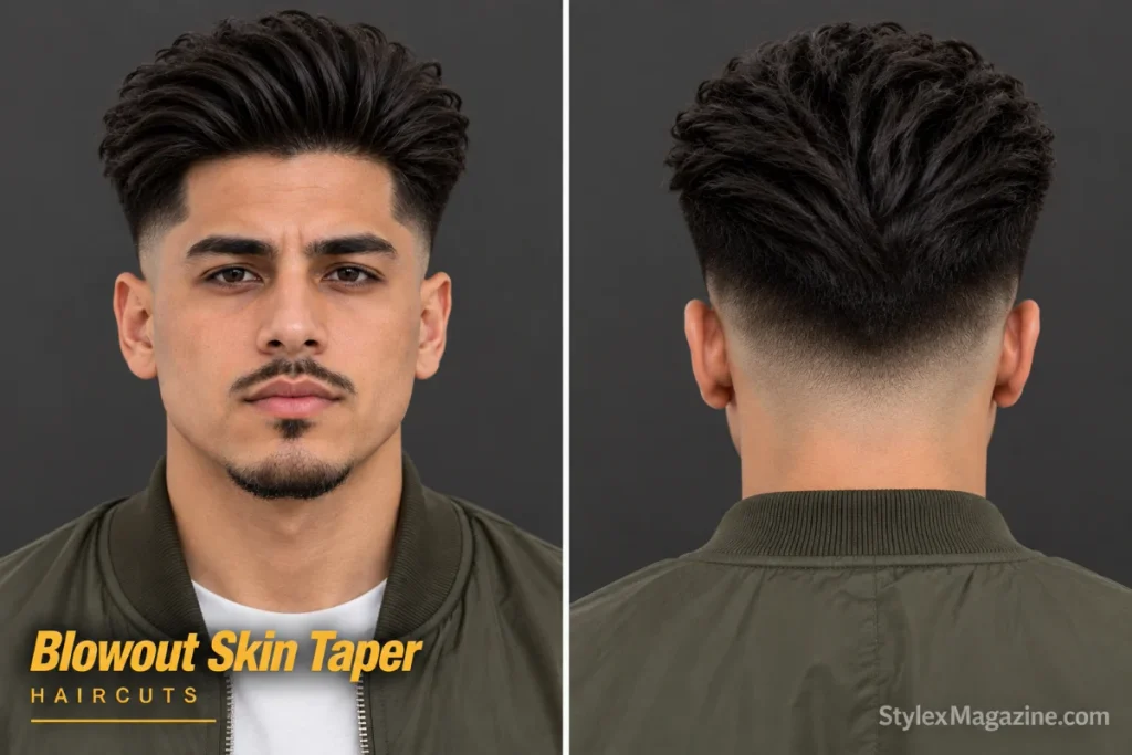  Blowout skin taper with bare skin at the sideburn, front and back view