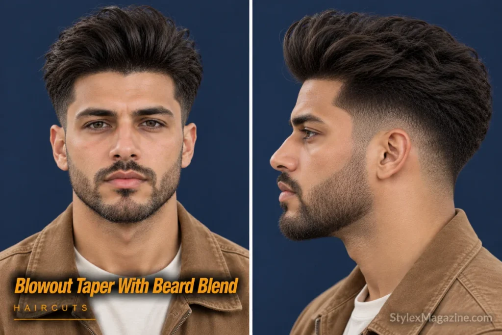  Blowout taper connecting seamlessly into the beard line at the sideburn