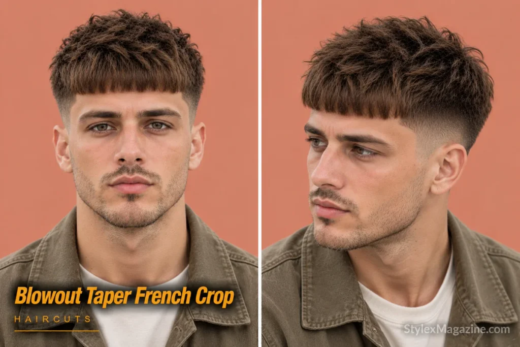 Blowout taper French crop with a blunt fringe forward and the crown dried up