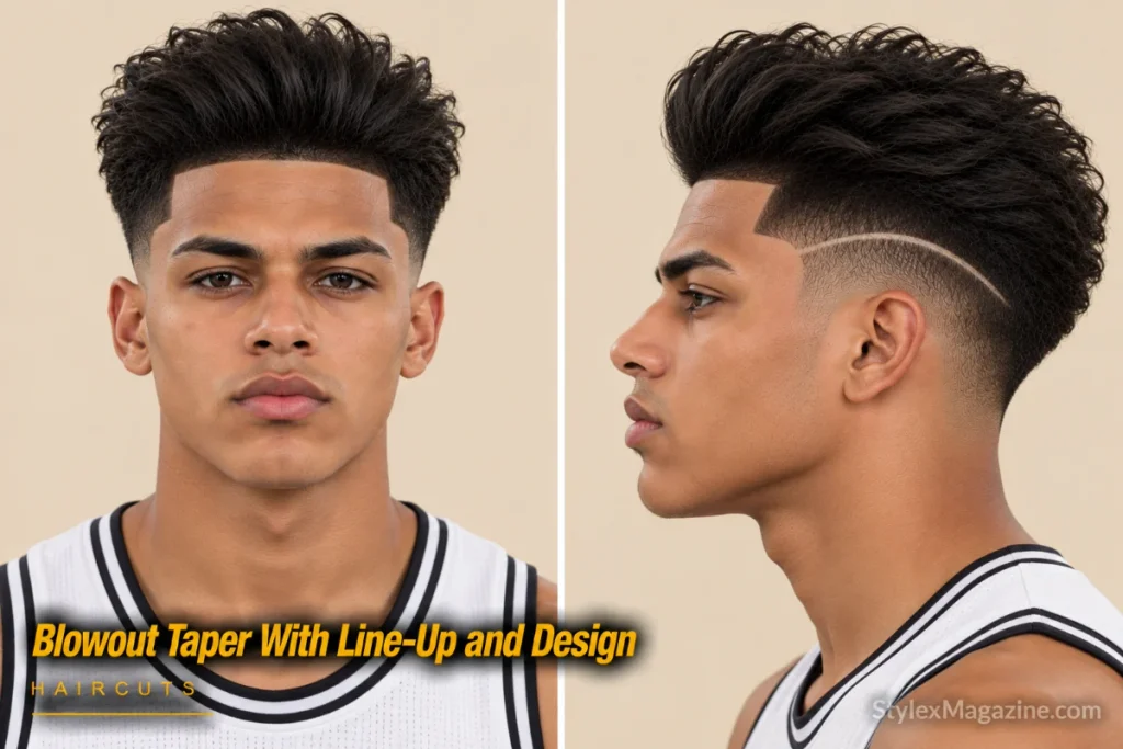 Blowout taper with a squared line-up and a single shaved design line
