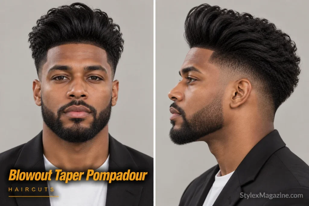  Blowout taper pompadour with the front lifted higher than the crown