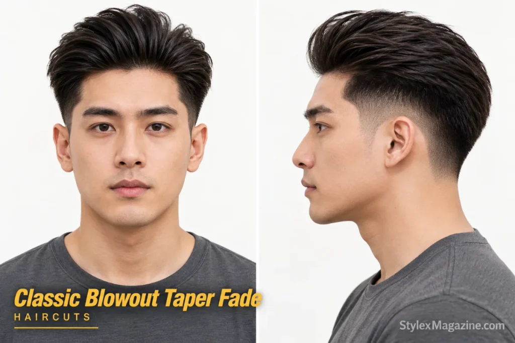 Classic blowout taper fade on a man with straight dark hair, front and side view