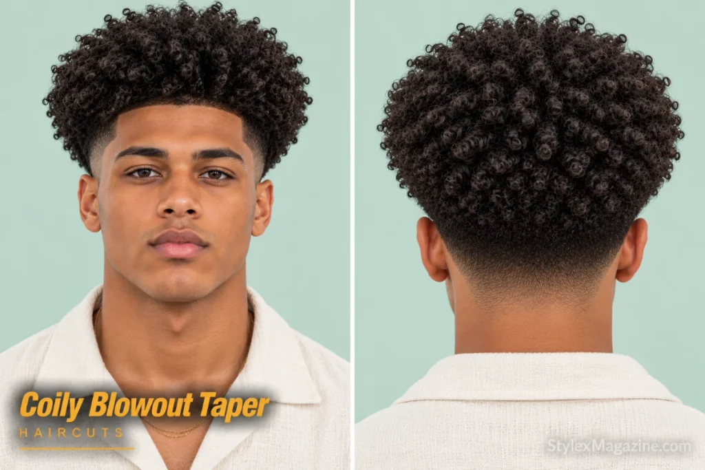 Coily blowout taper picked out into an even dome, front and back view