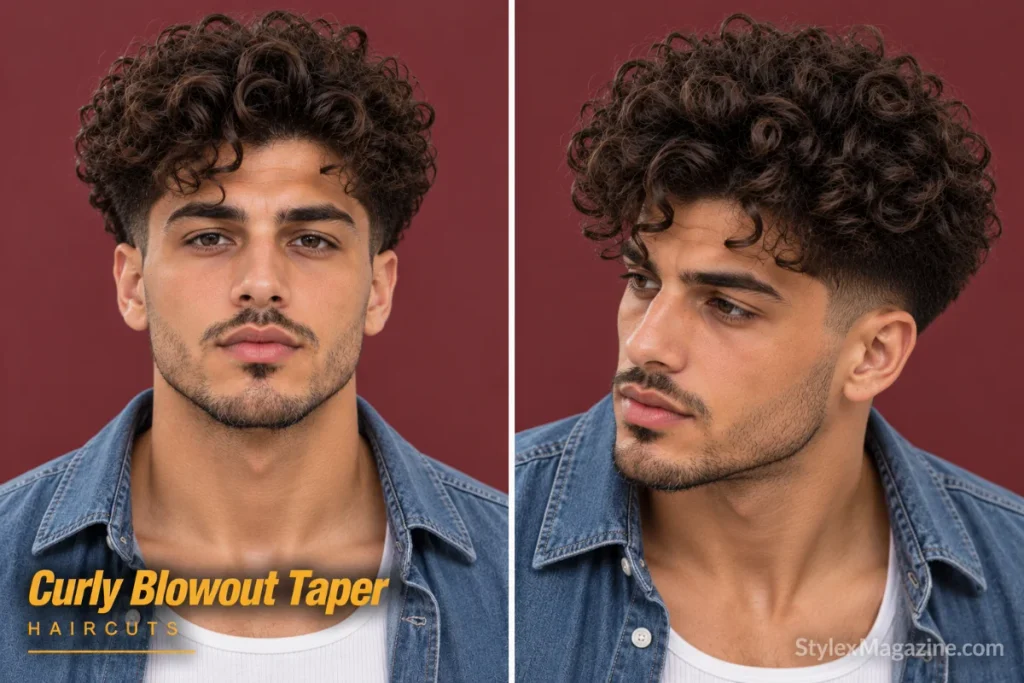 Curly blowout taper diffused to build width, front and three-quarter view