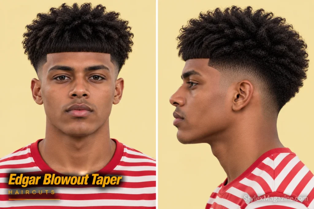 Edgar blowout taper with a blunt straight-across fringe cut high on the forehead