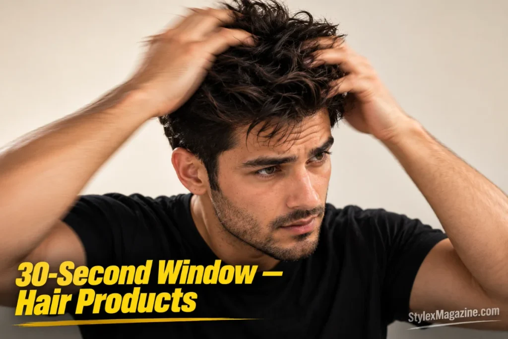 Man applying hair wax fast with both hands raking through short hair, capturing the speed of the 30-second styling window
