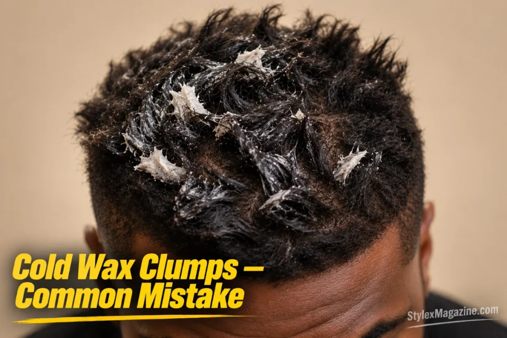 Close-up of hair showing visible white waxy clumps from un-emulsified cold wax applied without warming