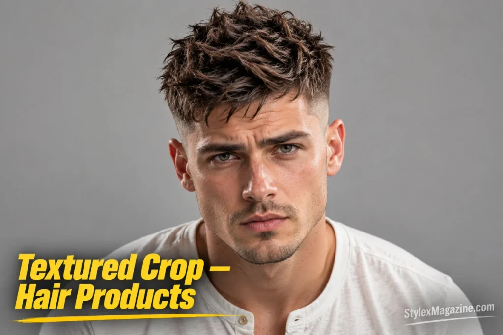Man with short hair styled into a textured crop using hair wax, showing sharp piece separation locked in place