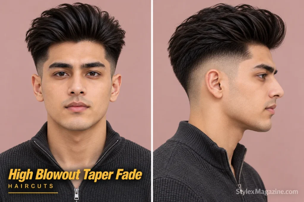  High blowout taper fade rising above the temple, front and side profile view