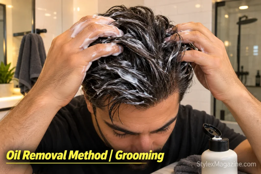 Man applying conditioner to dry hair before washing out oil-based pomade using the pre-wash oil method