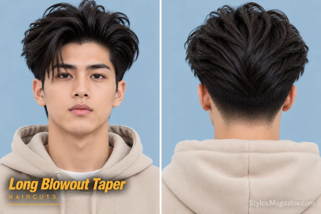 Long blowout taper with six inches on top falling back over the crown