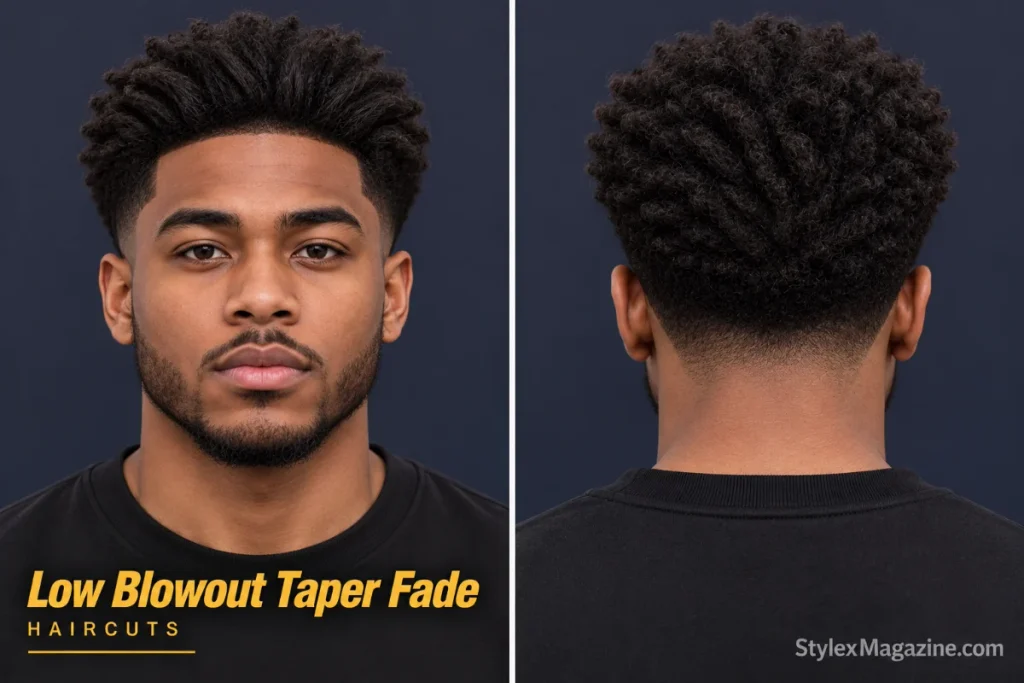  Low blowout taper fade on a Black man, front view and back view showing the tapered neckline