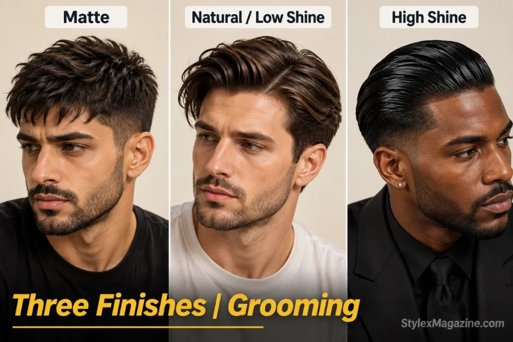 Three-panel comparison showing matte, natural, and high shine hair finish on men