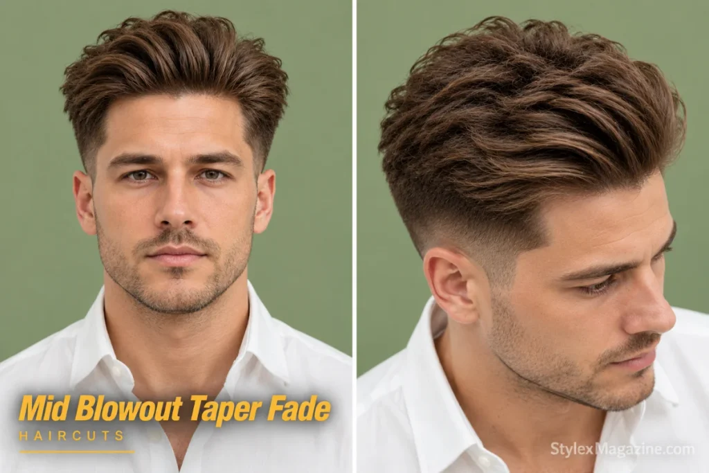  Mid blowout taper fade with the blend at the temple line, front and close-up crown view