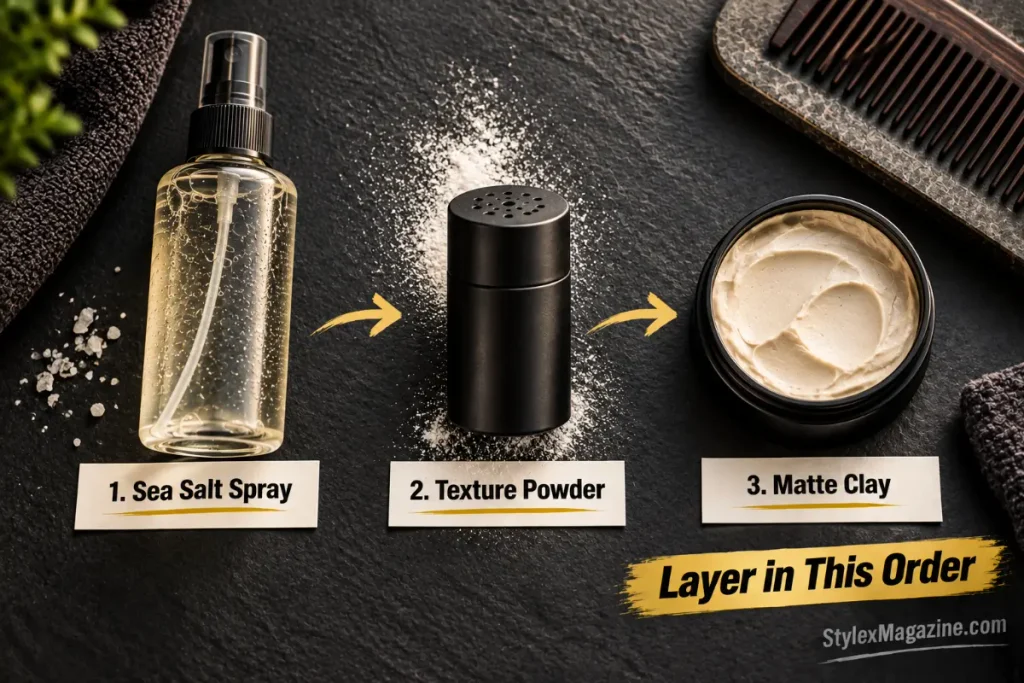 Three men's hair styling products lined up — sea salt spray, texture powder, and matte clay showing correct layering order