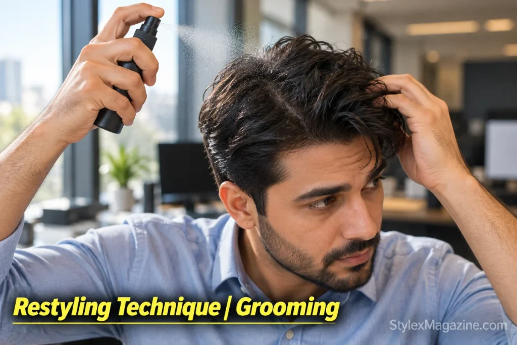 Man using a small travel spray bottle to mist water on hair to reactivate water-based pomade for midday restyling