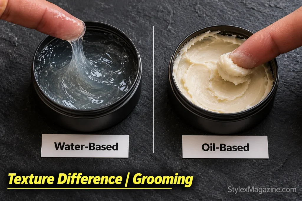 Flat-lay comparison showing water-based pomade gel-like texture on left versus oil-based pomade waxy texture on right